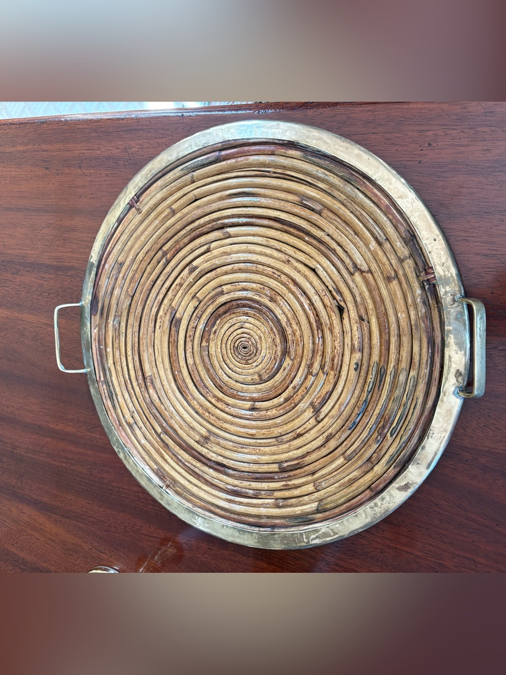 INCREDIBLE ROUND RATTAN/ BAMBOO TRAY IN BRASS RIM FRAME WITH HANDLES. VINTAGE